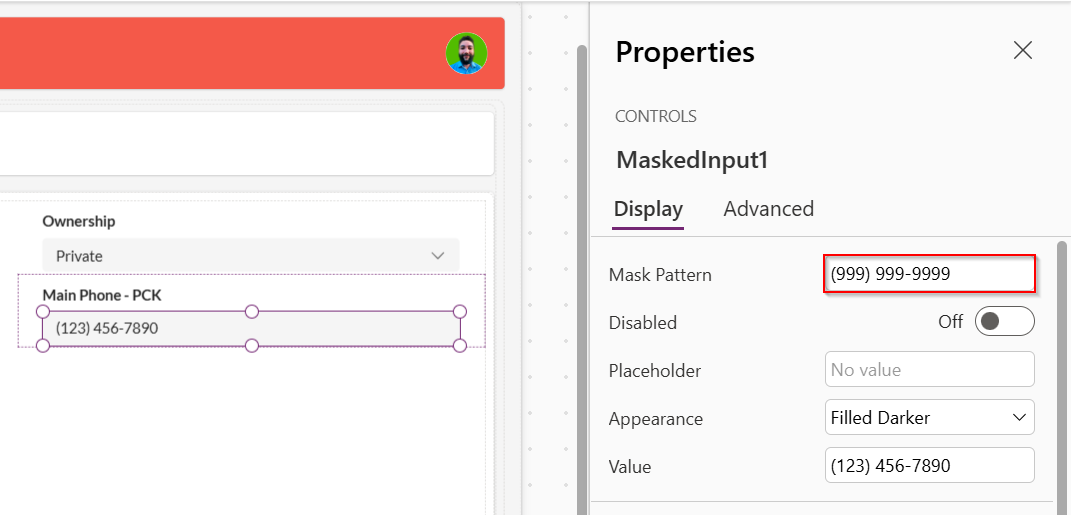 Power Apps Studio properties pane for the Masked Input component, with the Mask property set to (999) 999-9999.